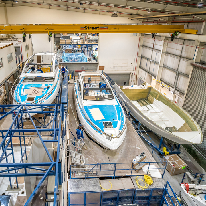 Boats in build in the Fairline factory, Oundle